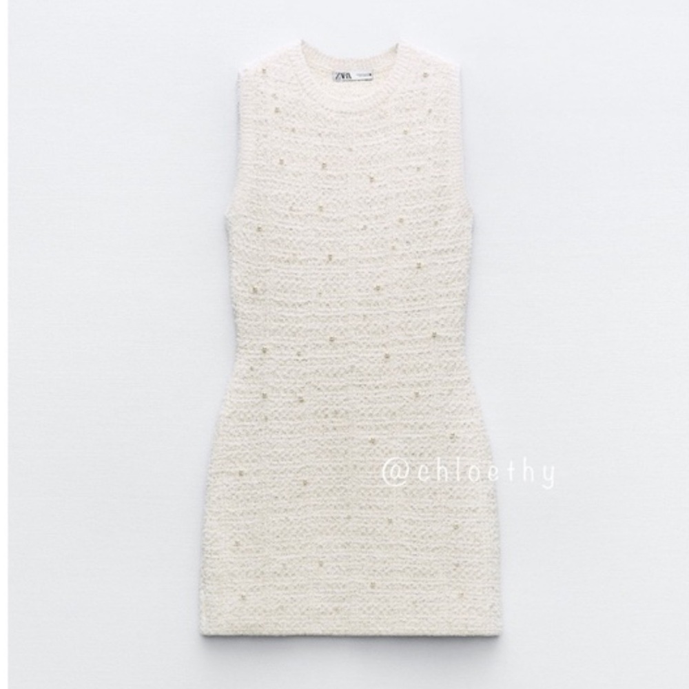 Zara Knit Dress Sleeveless Mini White Pearl Accent